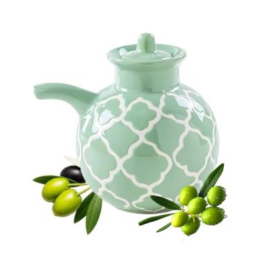 Imagem de KXZ Dispensador de óleo de cerâmica com tampa – Garrafa de azeite de oliva de 382 g para cozinha, molho de soja ou vinagre, dispensador decorativo de garrafa de oliva de cerâmica, recipiente de óleo