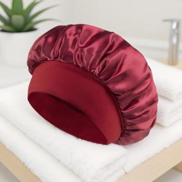Imagem de Touca de banho luxuosa para dormir – Toucas de banho macias de camada dupla para proteção do cabelo, confortáveis para homens e mulheres (bordô)