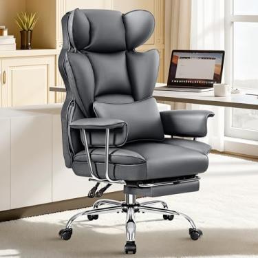 Imagem de ALLGOD Cadeira de escritório confortável, cadeira executiva de couro grande e alta, cadeira larga ergonômica de encosto alto com apoio para os pés, cadeira de mesa de computador reclinável, cadeira de