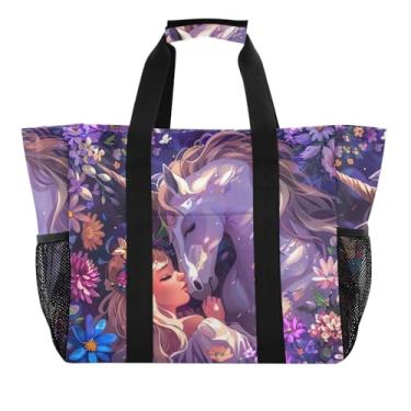 Imagem de ODAWA Bolsa de praia portátil fantasia princesa roxa para viagem e verão, grande bolsa de praia impermeável, Fantasia unicórnio princesa roxa, One Size