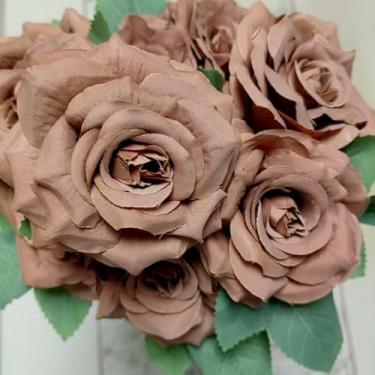 Imagem de Rosa de Diamante Artificial com 9 Flores Grandes – Buquê de Seda para Casamento e Decoração(2,Cafe Escuro)