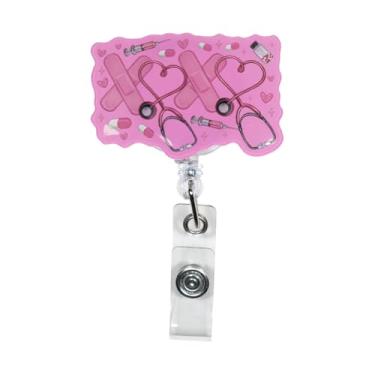 Imagem de Carretel de crachá de enfermeira, carretel de crachá engraçado, presentes de enfermeira, presentes para enfermeiras, presente retrátil fofo rosa para estetoscópio de coração para estudantes de