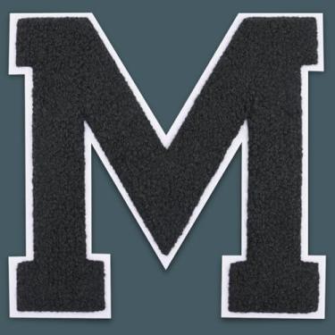 Imagem de QianSiLi Remendos de letras universitárias de chenille preto de 15 cm, letras grandes para jaquetas Letterman, moletons com capuz, mochilas, coletes, roupas, adesivos individuais da letra M