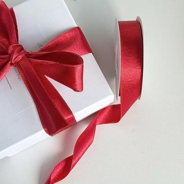 Imagem de Fita brilhante de 10 jardas de cetim sólido metálico de 2,5 cm de largura para embrulho de presente DIY decorativo de casamento - 1 rolo (vermelho)