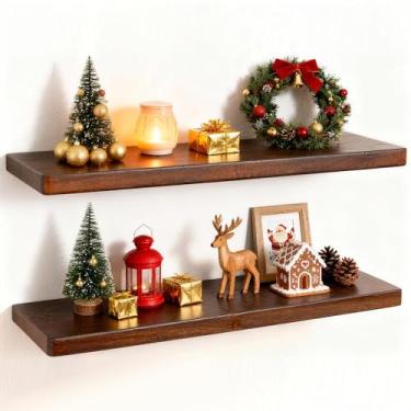 Imagem de Prateleiras flutuantes de madeira de nogueira rústica de 61 cm, prateleiras de parede de 20 cm de profundidade para decoração de casa, prateleira flutuante montada na parede com suporte invisível