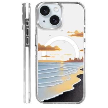 Imagem de casesok Capa para iPhone 15 compatível com Magsafe, design estético claro bonito para meninas e mulheres, capa rígida protetora antiqueda para iPhone 15 - paisagem do pôr do sol à beira-mar anime