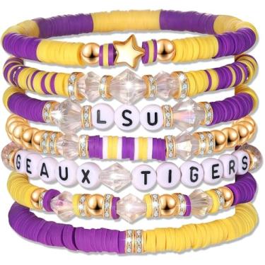 Imagem de Liiusgelad Pulseiras da Amizade Pulseiras Modernas de Contas de Argila Pulseiras Elásticas com Contas Douradas para Mulheres, 7 Peças, Roxas, Boho, Empilháveis, Joias Bonitas, Regular, Argila de