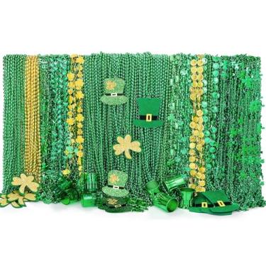 Imagem de Fovths 200 peças de colares de contas do dia de São Patrício a granel 18 tipos de contas do dia de São Patrício trevo irlandês caneca de cerveja moedas colar de contas verdes para desfile dia de São
