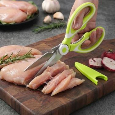 Imagem de Tesoura de cozinha multiuso – Tesoura de cozinha de aço inoxidável resistente para carne, aves, peixe, legumes, ervas, tesouras afiadas multiuso para alimentos, podem ser lavadas na lava-louças, verde