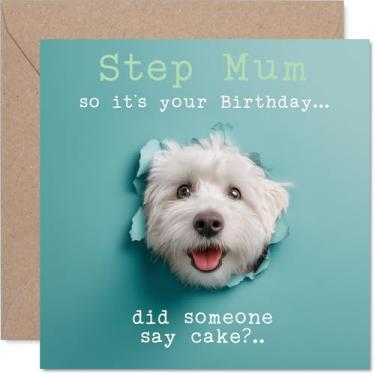 Imagem de Stuff4 Cartão de aniversário Step Mum - Did Someone Say Cake? - Cartão de feliz aniversário para madrasta de Son Daughter, cartões comemorativos engraçados de 14 cm para cães fofos