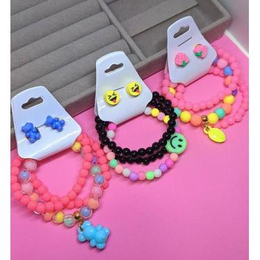 Imagem de Kit Pulseira Infantil e Brincos miçangas Coloridas para Crianças Menin