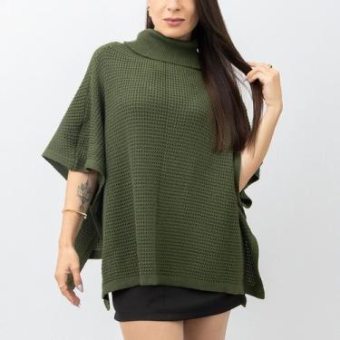 Imagem de Poncho Casaco Capa Kimono Vestido Feminino Tricot Texturizado Gola Alt