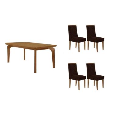 Imagem de Sala Jantar Mesa Londrina Tampo Curvo 120cm+4 Cadeiras Pietá Madeira Naturale - Capuccino/Suede Marrom - Rufato