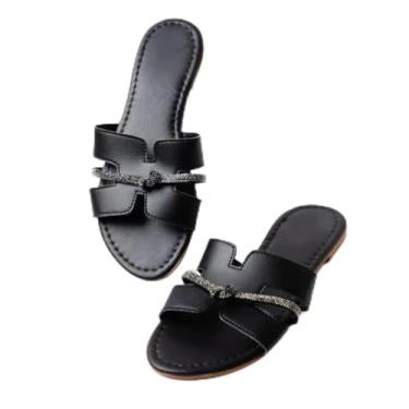 Imagem de Sandália Rasteira Feminina H com detalhe Moda Blogueira Tiras Largas, Solado de Borracha, Estilo Casual Elegante, Confortável Dia a Dia (Preto, BR, Adulto, Numérico, 37)