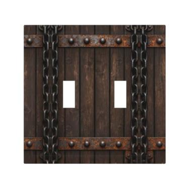 Imagem de Capa de interruptor de luz rústica porta de celeiro madeira fazenda país textura de metal 2 gangues placa de parede com interruptor duplo placa decorativa para banheiro cozinha quarto decoração 12 x