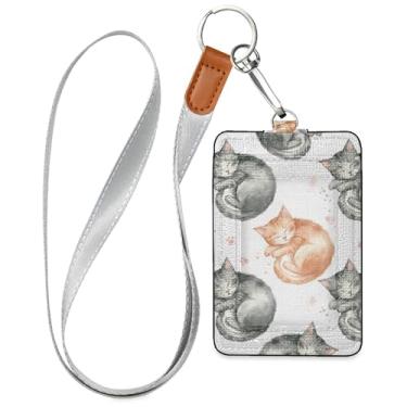 Imagem de Burbuja Porta-crachá de couro com cordão, etiqueta de identificação de gatos dormindo com 1 janela transparente para identidade e 2 compartimentos para cartão para escritório, enfermeira, professor