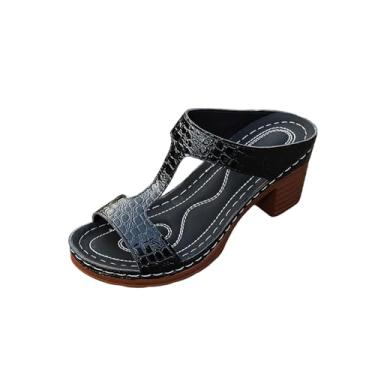 Imagem de Sandálias femininas de salto alto com plataforma Peep Toe para usar na praia, salto grosso, design confortável, Preto, 38