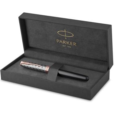 Imagem de PARKER Sonnet Caneta-tinteiro premium de metal e acabamento acetinado cinza com acabamento em ouro rosa ponta fina de ouro 18 k com caixa de presente de cartucho de tinta preta