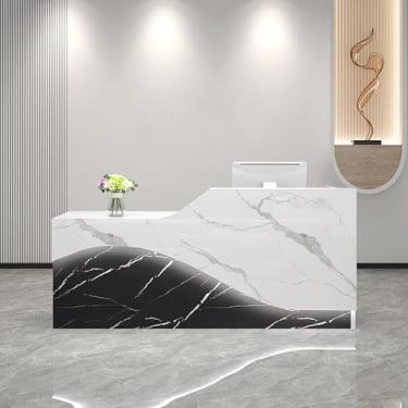 Imagem de Balcão de recepção com gaveta bloqueável e bandeja de teclado - Mesa de caixa de varejo com luz para salão e escritório - Veias brancas (140 x 49,8 x 99,8 cm)