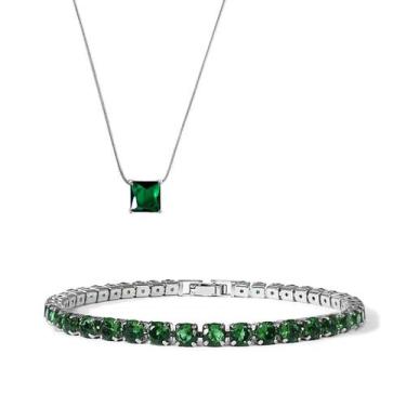 Imagem de Kit Pulseira Riviera Verde Colar com Zircônia - Leão De Neméia, 20 cm