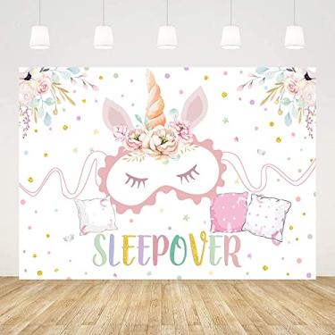 Imagem de ABLIN Pano de fundo de festa do pijama de 2,1 x 1,5 m para meninas, tema de unicórnio, rosa, festa do pijama, decoração de aniversário, suprimentos de festa de luta, suprimentos de festa de sono,