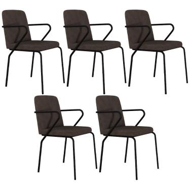 Imagem de Kit 05 Cadeiras Estofada Para Sala De Jantar Com Braço Loft Preto C01 Bouclê Marrom - Lyam Decor