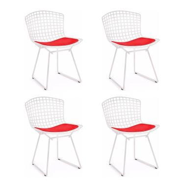 Imagem de Kit 4 Cadeiras Bertoia Branca Com Assento Vermelho