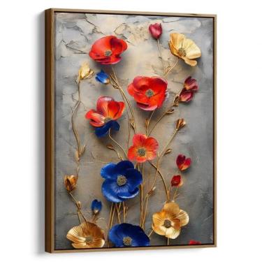 Imagem de Quadro Flores Azuis Vermelhas Douradas - Mioquadros, 120x80 cm, Tabaco