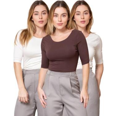 Imagem de Kit 3 Blusas Feminina Manga 3/4 com Abertura nas Costas - Maranne, Kit