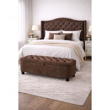 Imagem de Kit De Quarto Lisboa Cabeceira De Cama Box E Calçadeira Baú Casal 140 Cm Suede Marrom Eli Móveis E Decoração
