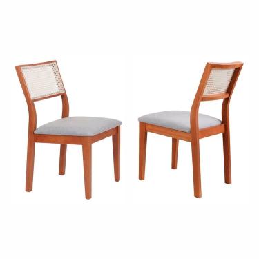 Imagem de Kit 2 Cadeiras Madeira Maciça com Estofado e Fibra Natural Rattan Maya Espresso Móveis Cinamomo/Cinza