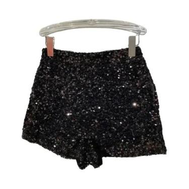 Imagem de Shorts Femininos De Veludo Preto Com Lantejoulas Brilhantes De Cintura