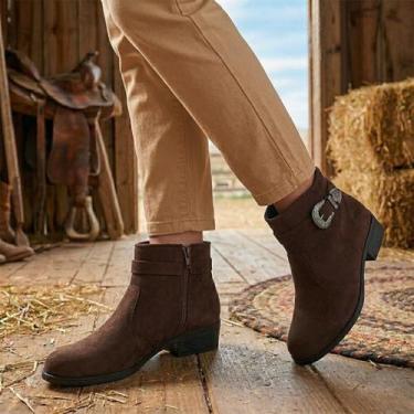 Imagem de Bota Feminina Texana Salto Baixo Camurça Western Cano Curto Bico Fino 