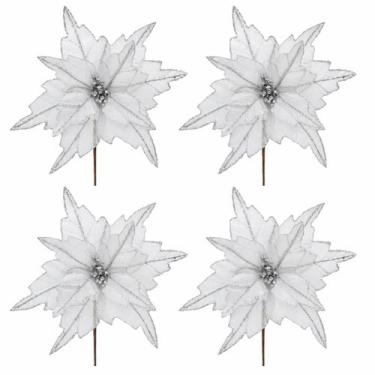 Imagem de Kit 04 Flores Natalinas Decorativas Poinsetia Prateada-32cm - Tok da C