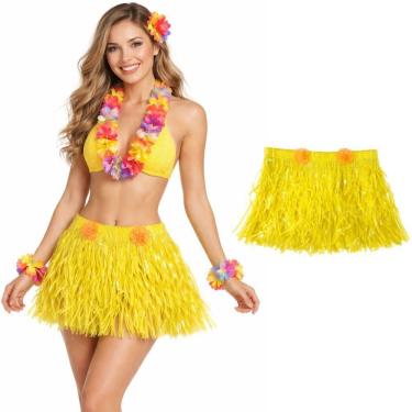 Imagem de Saia Havaiana Hula com Flores Plástico 35cm Amarelo Extra Festas