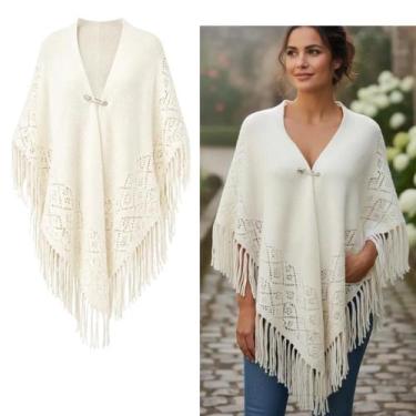 Imagem de Poncho Feminino em Tricot Premium com Franjas Elegante Inverno Luxo (1