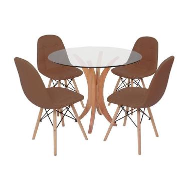 Imagem de Mesa de Jantar Tampo de Vidro 4 Cadeiras Charles Eames Marrom