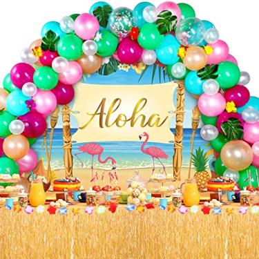 Imagem de Decoração de festa havaiana Aloha, banner de festa na praia tropical de verão Luau 72,8 x 43,3 polegadas para chá de bebê de aniversário de palmeira, incluindo saia de mesa de grama Luau 95 peças de balões tropicais