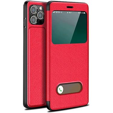 Imagem de NEYENS Capa para iPhone 14 Pro, janela de visualização clara PU couro flip capa de telefone estilo livro capa protetora para iPhone 14 Pro 6,1 polegadas (cor: vermelho)