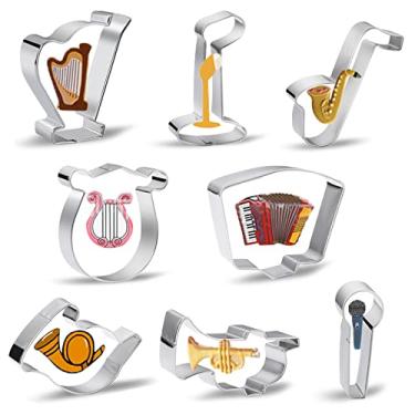 Imagem de Cortadores de biscoito de instrumento musical com 8 peças, conjunto de cortadores de biscoito musical com microfone de palco, saxofone, harpa de lira, acordeão, chifre francês, moldes de moldes de trompete para festa músicos - aço inoxidável
