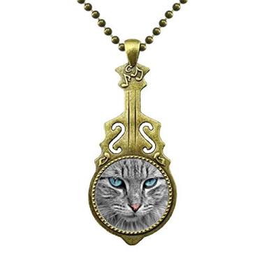 Imagem de DIYthinker Colar de gato cinza com olhos azuis de olho selvagem joia de guitarra antiga pingente de música