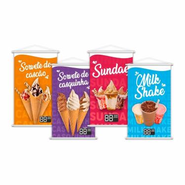 Imagem de Kit 4 Banners Sorvete Casquinha Sundae Milk Shake 80x50cm