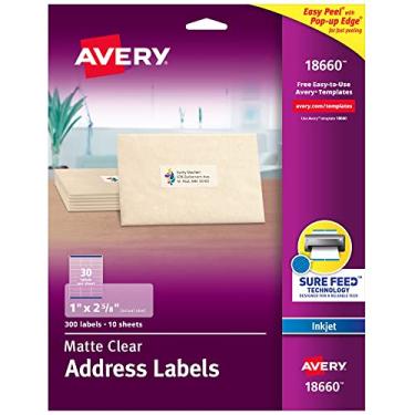 Imagem de Avery Etiquetas de endereço transparentes foscas, tecnologia Sure Feed, jato de tinta, 2,5 cm x 2-5/20.3 cm, 300 etiquetas, 5 pacotes (18660)