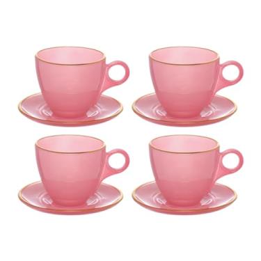 Imagem de Xícaras Para Chá Com Pires De Vidro Matte Rosa Com Borda Dourada 170ml 4 Peças Hauskraft