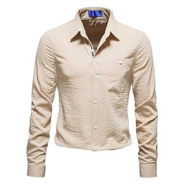 Imagem de Camisa polo masculina de manga comprida, ajuste relaxado, bolso com botões, respirável, macia, durável Henley, Cáqui, 3G
