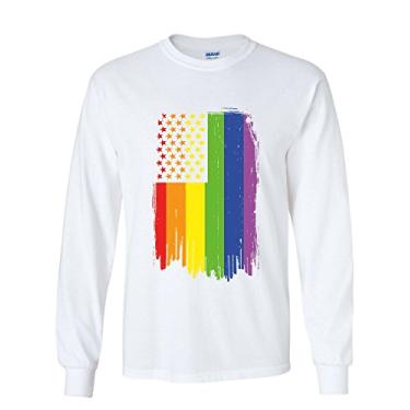 Imagem de Tee Hunt Camiseta de manga comprida com bandeira do arco-íris do orgulho gay envelhecido LGBTQ Love Wins, Branco, P