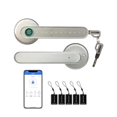Imagem de [Novo] Fechadura inteligente com impressão digital TTLock Fechadura de porta inteligente prateada Fechadura de porta de entrada sem chave com controle de aplicativo, impressão digital, código, cartão