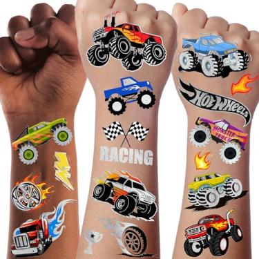 Imagem de Mais de 61 peças de tatuagens temporárias de caminhão monstro para crianças, meninos, meninas, Groovy Flash Glitter prata metálico falso adesivo, desenho animado corrida carro chamas troféu rosto