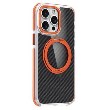 Imagem de LTLMYDAM Capa antiqueda para iPhone 15 Pro Max/15 Pro/15 Plus/15, textura de fibra de carbono, capa traseira transparente, suporte de anel de sucção magnética para veículos, laranja, 15