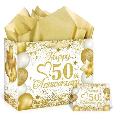 Imagem de Saco de presente de papel de 50º aniversário - Saco de embrulho de presente de casamento em ouro branco com papel de seda e cartão - Perfeito para aniversário de casamento dourado ou decoração de
